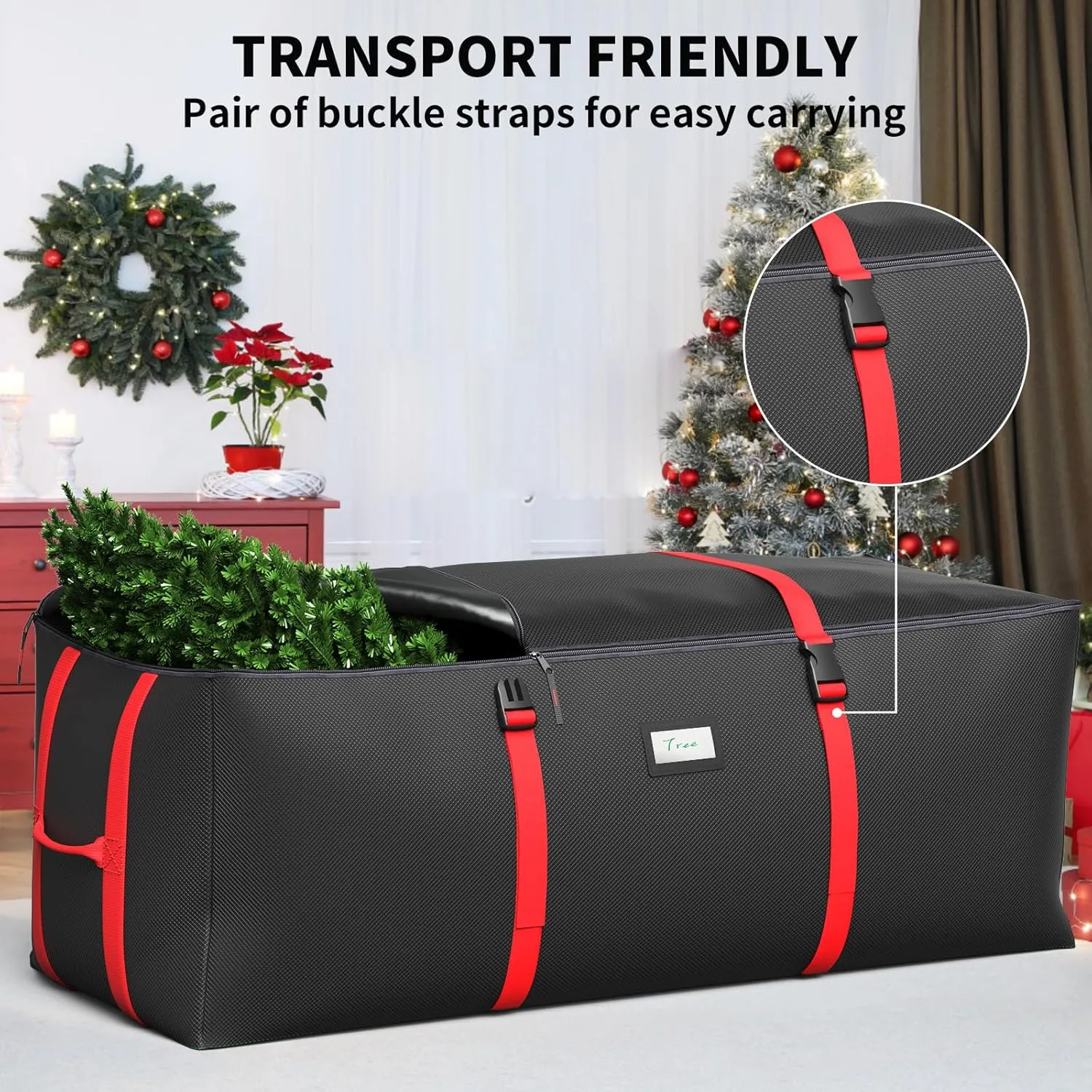 Christmas Tree Storage Bag, Fits Up to 9 Ft Artificial Christmas Tree with Buckle Straps & Dual Zippers & Handles, 600D PVC Durable Waterproof Material Protects from Dust (Black)