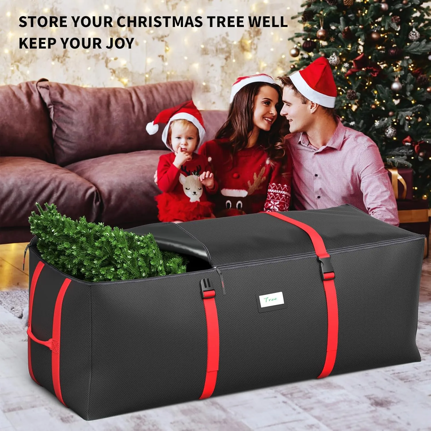 Christmas Tree Storage Bag, Fits Up to 9 Ft Artificial Christmas Tree with Buckle Straps & Dual Zippers & Handles, 600D PVC Durable Waterproof Material Protects from Dust (Black)