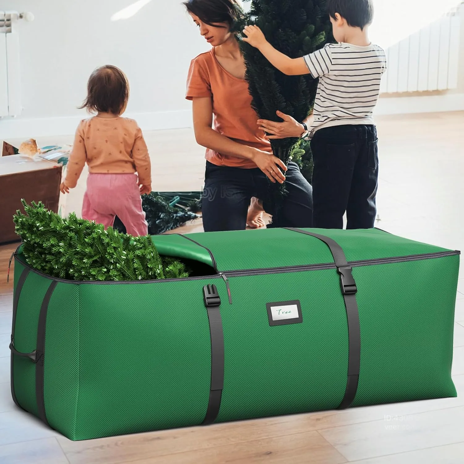 Christmas Tree Storage Bag, Fits Up to 9 Ft Artificial Christmas Tree with Buckle Straps & Dual Zippers & Handles, 600D PVC Durable Waterproof Material Protects from Dust (Green)