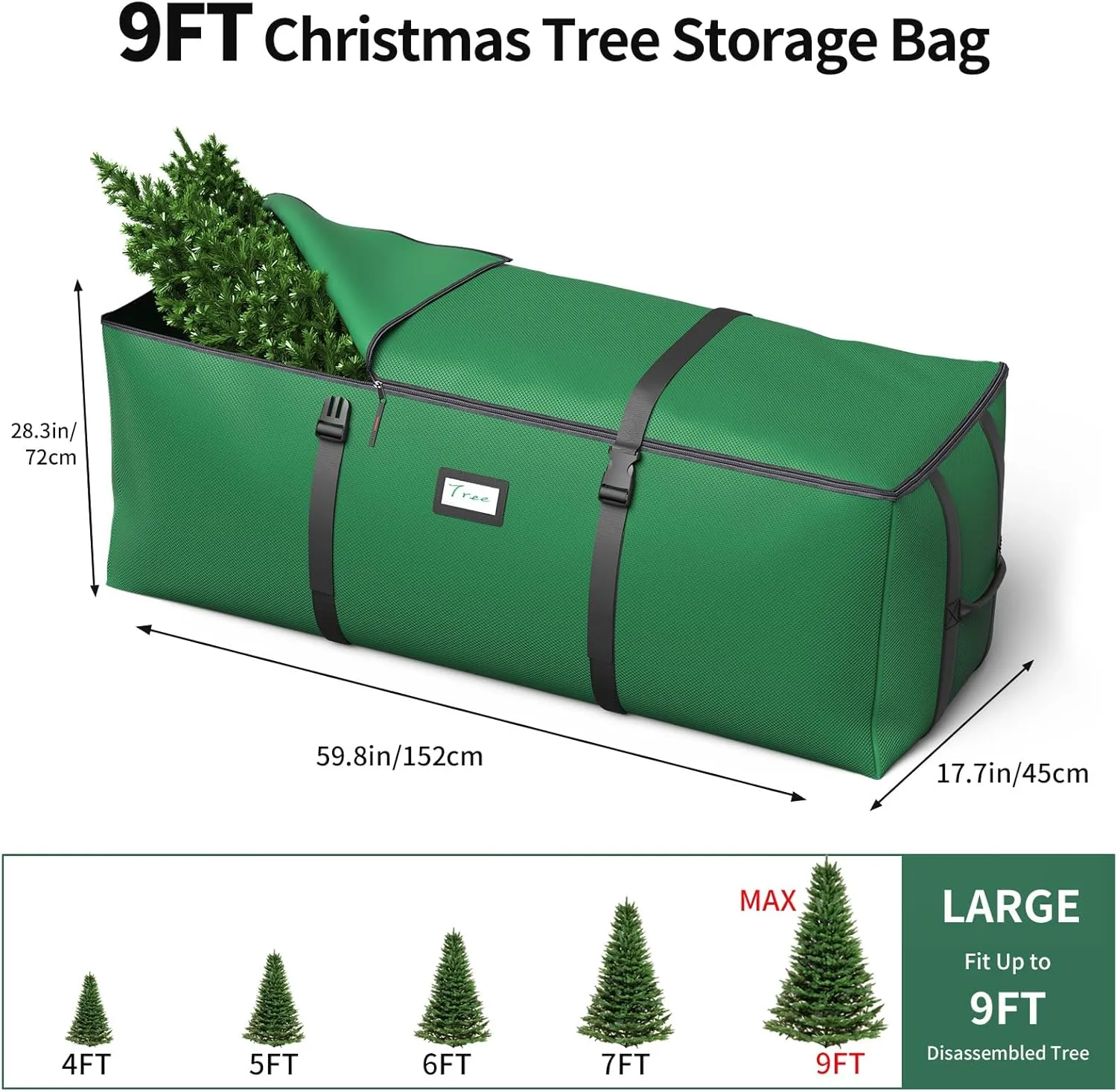 Christmas Tree Storage Bag, Fits Up to 9 Ft Artificial Christmas Tree with Buckle Straps & Dual Zippers & Handles, 600D PVC Durable Waterproof Material Protects from Dust (Green)