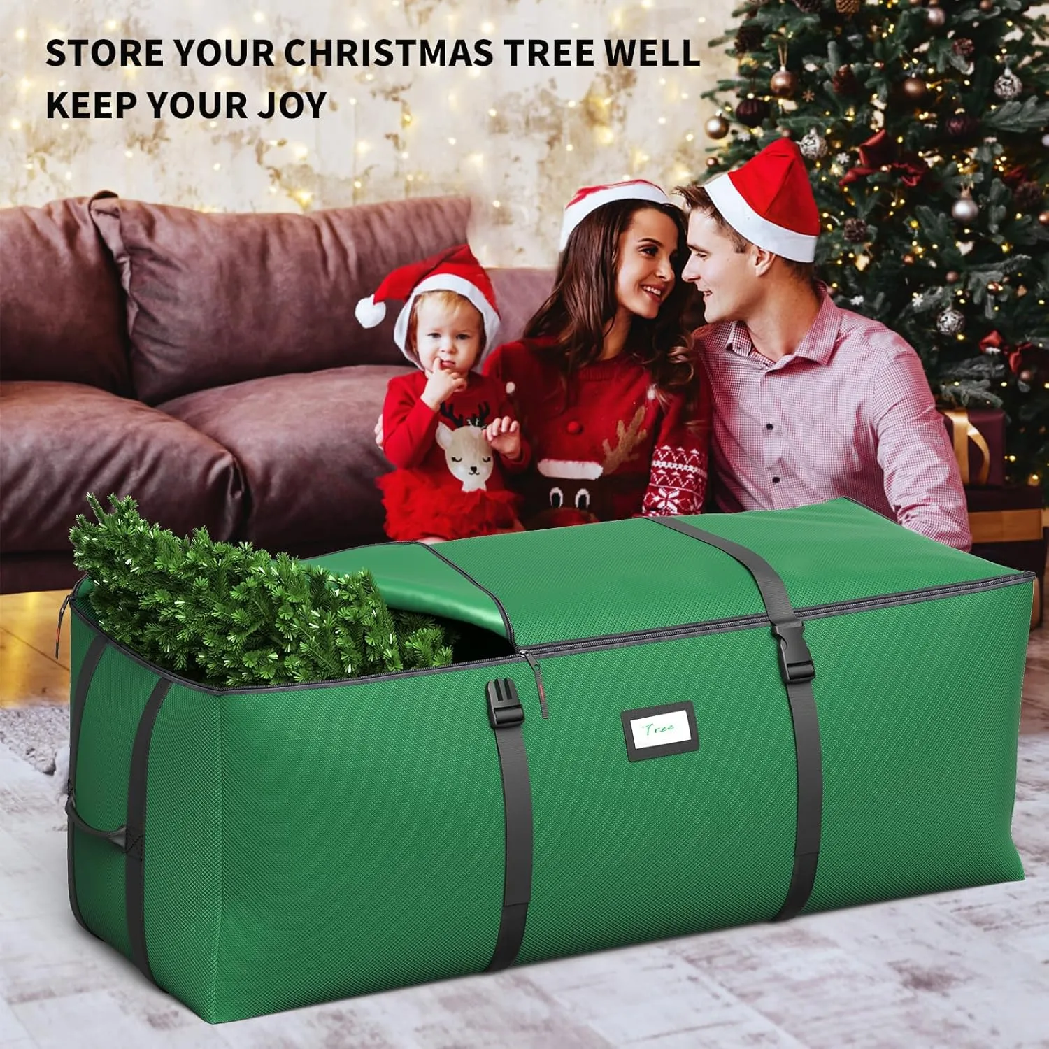 Christmas Tree Storage Bag, Fits Up to 9 Ft Artificial Christmas Tree with Buckle Straps & Dual Zippers & Handles, 600D PVC Durable Waterproof Material Protects from Dust (Green)