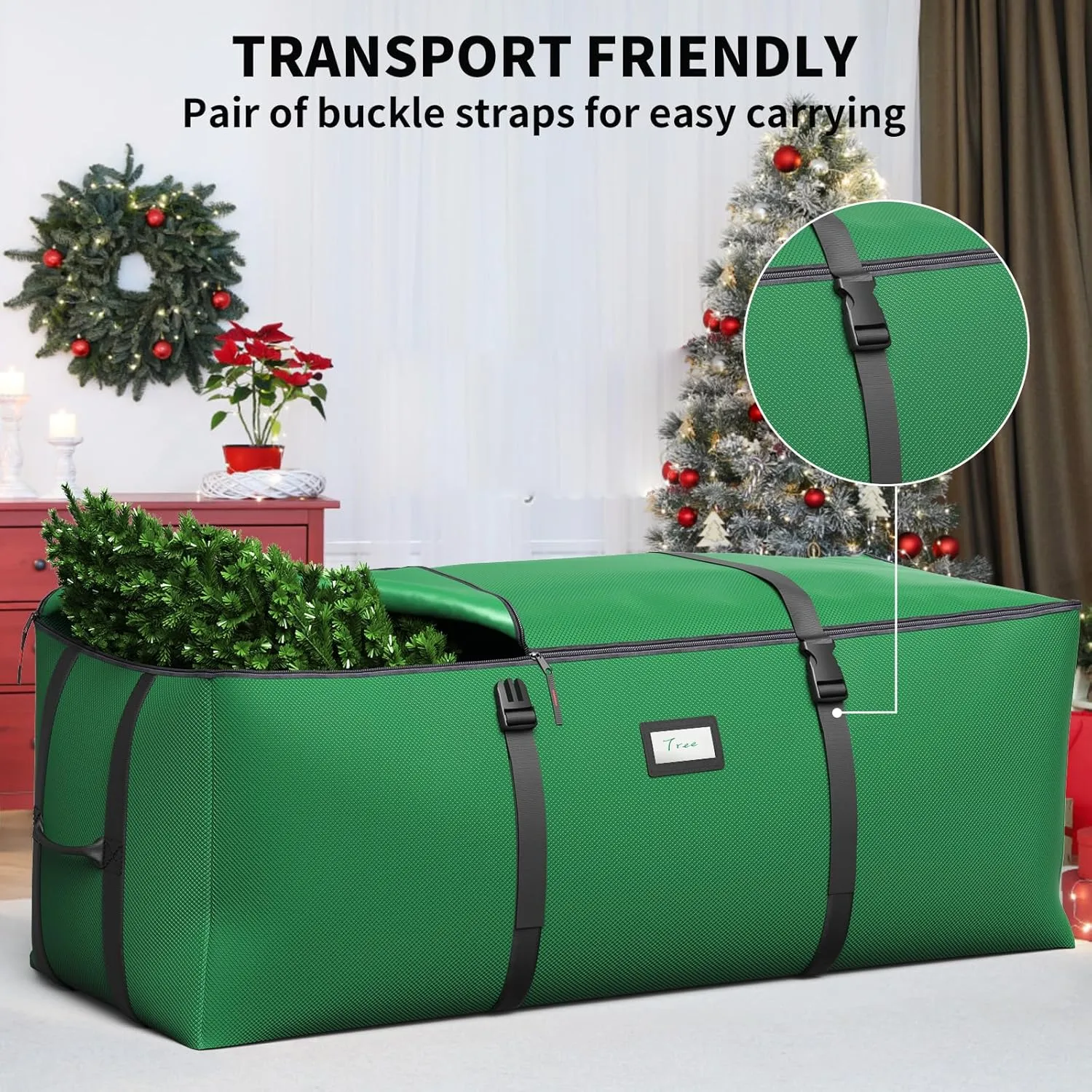 Christmas Tree Storage Bag, Fits Up to 9 Ft Artificial Christmas Tree with Buckle Straps & Dual Zippers & Handles, 600D PVC Durable Waterproof Material Protects from Dust (Green)
