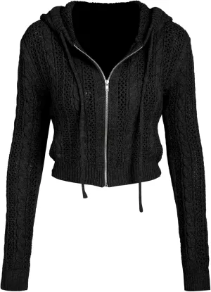 CIDER Women’s Zip Up Hoodie Crop Top Hollow Out Knitted Long Sleeve Cardigan Jacket Sweatshirt