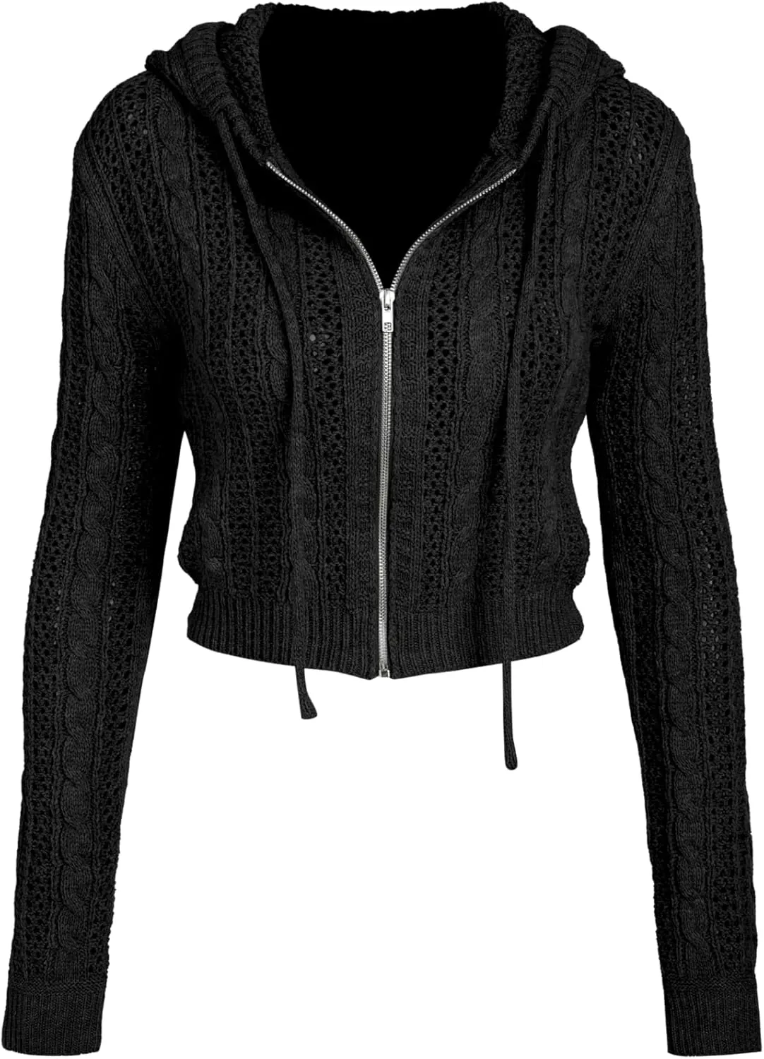 CIDER Women’s Zip Up Hoodie Crop Top Hollow Out Knitted Long Sleeve Cardigan Jacket Sweatshirt