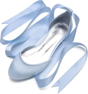 COMFASH Ballet Flats Satin Comfortable Closed Toe Ribbon Tie Women Bride Wedding Shoes