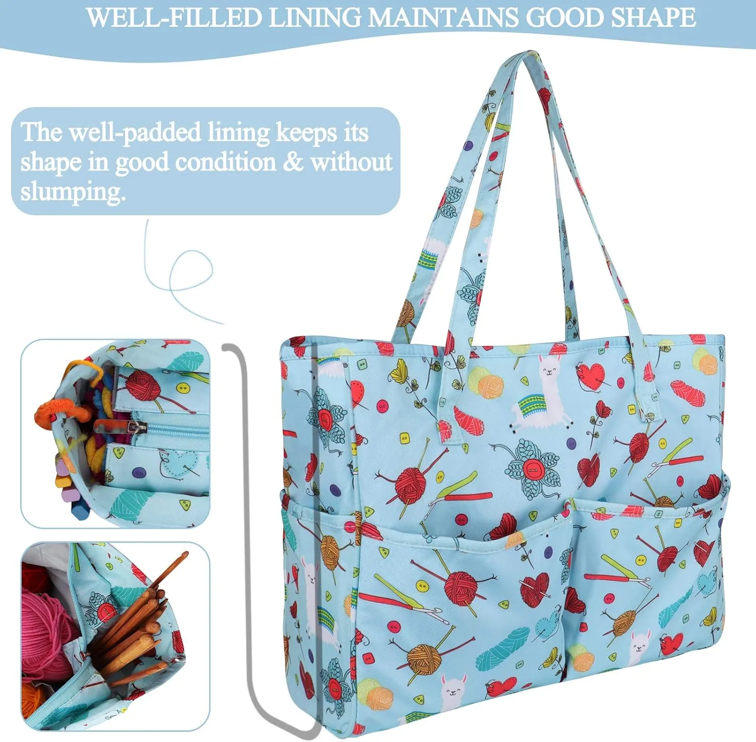 Coopay Craft Bag for Yarn Crochet Knitting Cross Stitch Project & Supplies, Crochet Bags Knitting Tote for Embroidery Item Crochet Hooks Knitting Needles, High Capacity & WaterProof, Cute Alpaca
