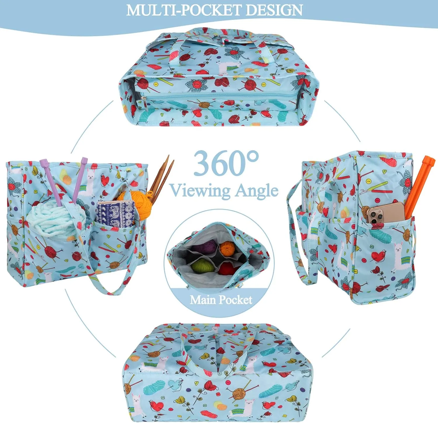 Coopay Craft Bag for Yarn Crochet Knitting Cross Stitch Project & Supplies, Crochet Bags Knitting Tote for Embroidery Item Crochet Hooks Knitting Needles, High Capacity & WaterProof, Cute Alpaca