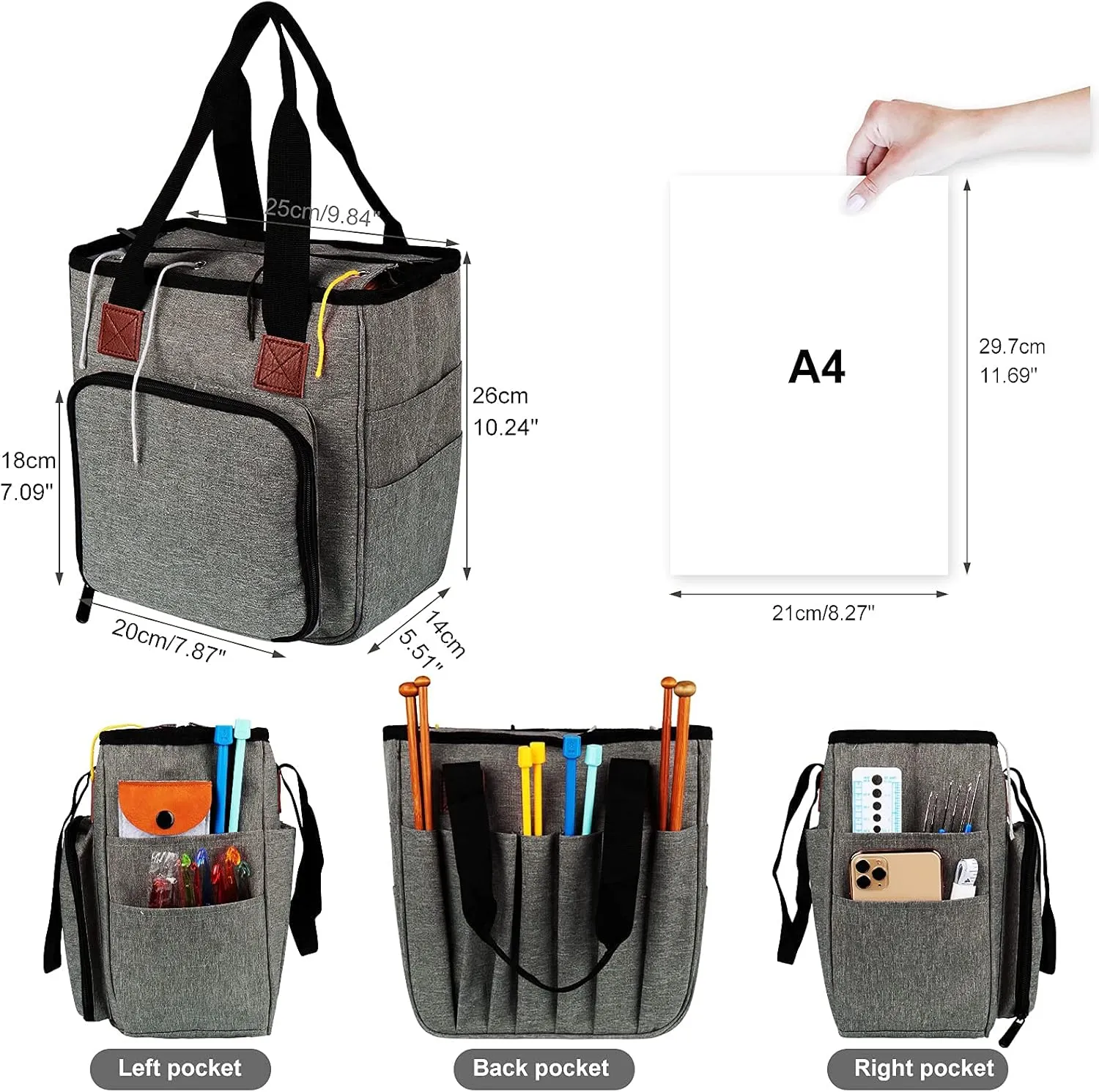 Coopay Crochet Bag Yarn Storage Tote, Lightweight Knitting Needles Crochet Hook Bag Sewing Baskets Suitable for Girls Lady Women Seniors, Premium Waterproof Oxford Fabric - No Accessories(Heron Gray)