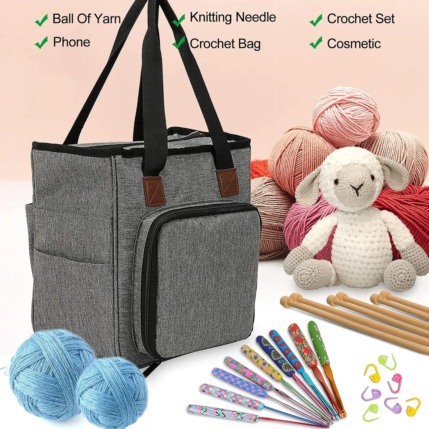 Coopay Crochet Bag Yarn Storage Tote, Lightweight Knitting Needles Crochet Hook Bag Sewing Baskets Suitable for Girls Lady Women Seniors, Premium Waterproof Oxford Fabric - No Accessories(Heron Gray)