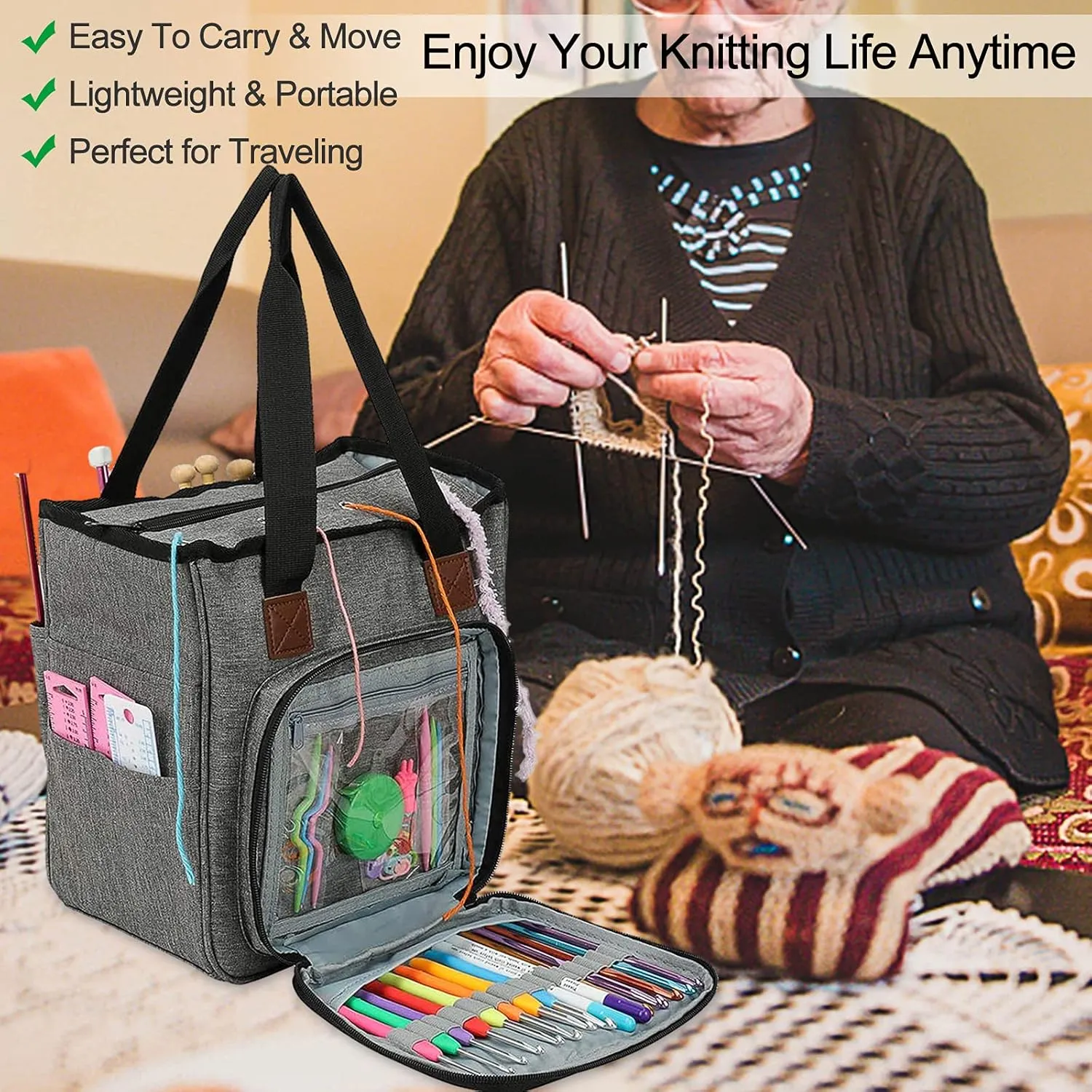 Coopay Crochet Bag Yarn Storage Tote, Lightweight Knitting Needles Crochet Hook Bag Sewing Baskets Suitable for Girls Lady Women Seniors, Premium Waterproof Oxford Fabric - No Accessories(Heron Gray)