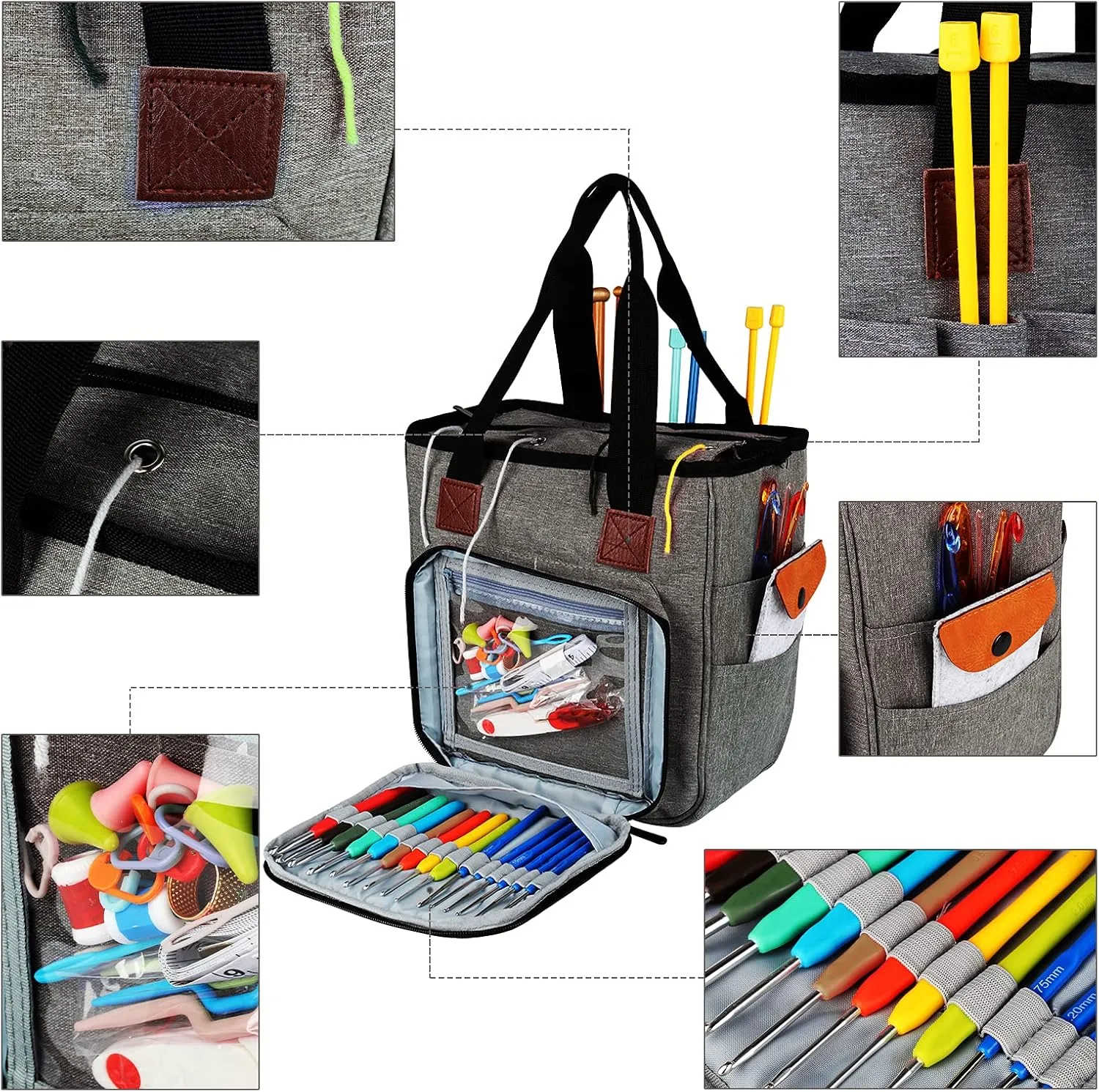 Coopay Crochet Bag Yarn Storage Tote, Lightweight Knitting Needles Crochet Hook Bag Sewing Baskets Suitable for Girls Lady Women Seniors, Premium Waterproof Oxford Fabric - No Accessories(Heron Gray)
