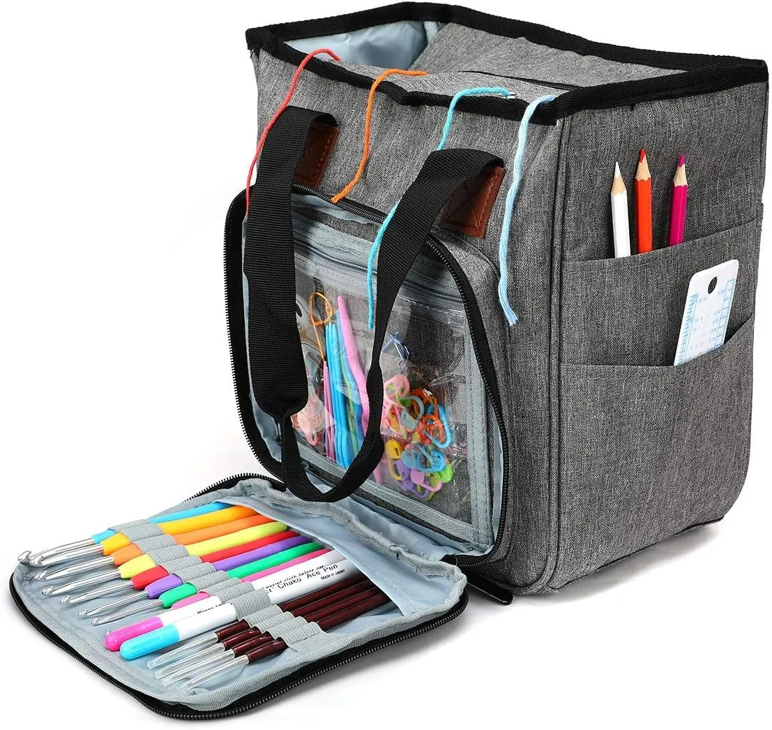 Coopay Crochet Bag Yarn Storage Tote, Lightweight Knitting Needles Crochet Hook Bag Sewing Baskets Suitable for Girls Lady Women Seniors, Premium Waterproof Oxford Fabric - No Accessories(Heron Gray)