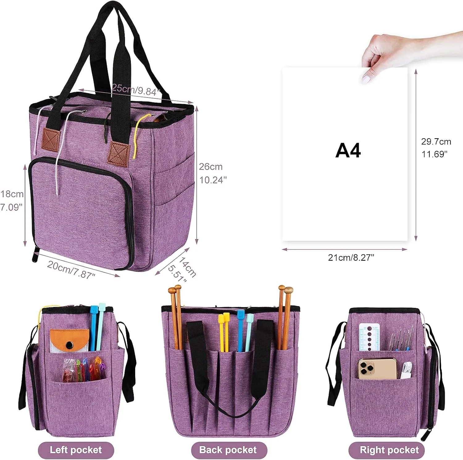 Coopay Yarn Bag Knitting Tote Bag, Portable Yarn Tote Organizer Sewing Basket for Crochet Hook Set, Knitting Needles, Crocheting Project, Skein and Sewing Supplies - No Accessories(Elegant Purple)