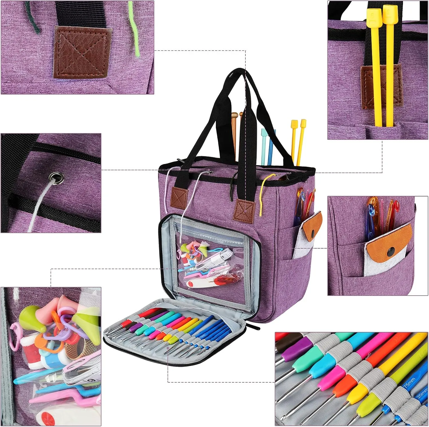 Coopay Yarn Bag Knitting Tote Bag, Portable Yarn Tote Organizer Sewing Basket for Crochet Hook Set, Knitting Needles, Crocheting Project, Skein and Sewing Supplies - No Accessories(Elegant Purple)