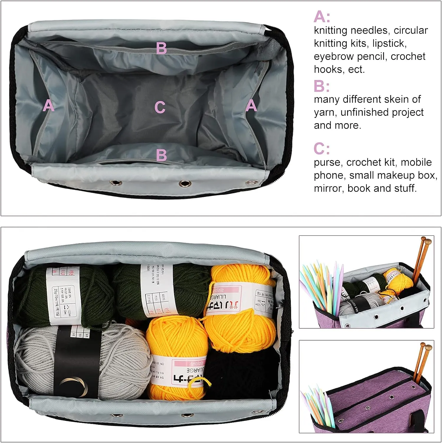 Coopay Yarn Bag Knitting Tote Bag, Portable Yarn Tote Organizer Sewing Basket for Crochet Hook Set, Knitting Needles, Crocheting Project, Skein and Sewing Supplies - No Accessories(Elegant Purple)