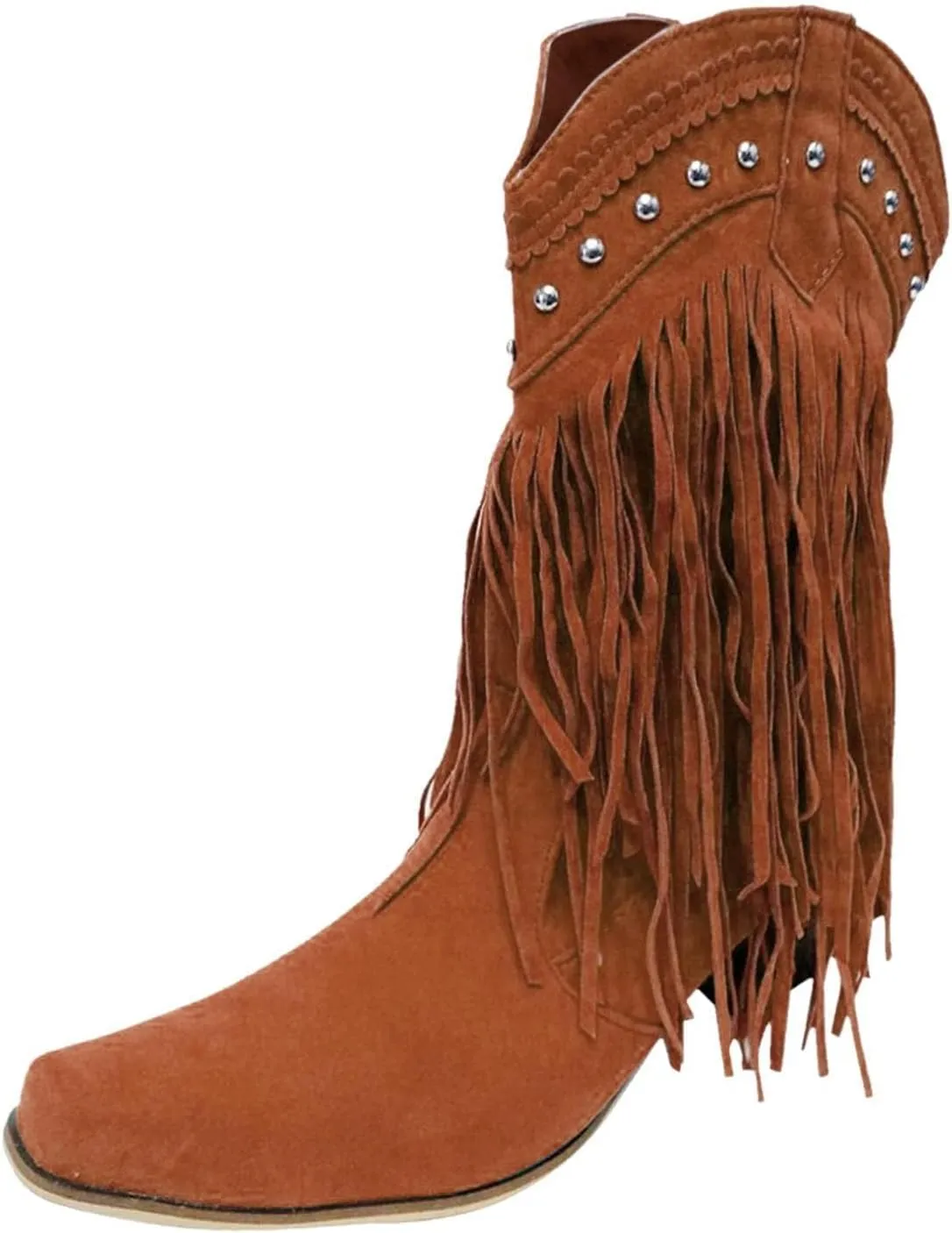 Cowboy Boots for Women,Vintage Tassel Square Toe Mid Heels Western Cowgirls Boots Ethnic Retro Fringe Rivet Slip On Wide Calf Knight Riding Dress Ankle Booties Ladies Cowgirl Boot