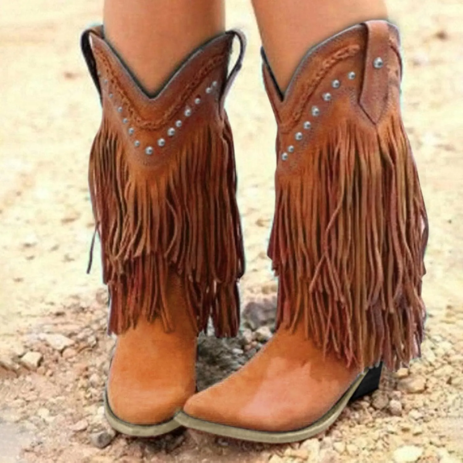 Cowboy Boots for Women,Vintage Tassel Square Toe Mid Heels Western Cowgirls Boots Ethnic Retro Fringe Rivet Slip On Wide Calf Knight Riding Dress Ankle Booties Ladies Cowgirl Boot