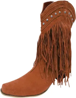 Cowboy Boots for Women,Vintage Tassel Square Toe Mid Heels Western Cowgirls Boots Ethnic Retro Fringe Rivet Slip On Wide Calf Knight Riding Dress Ankle Booties Ladies Cowgirl Boot