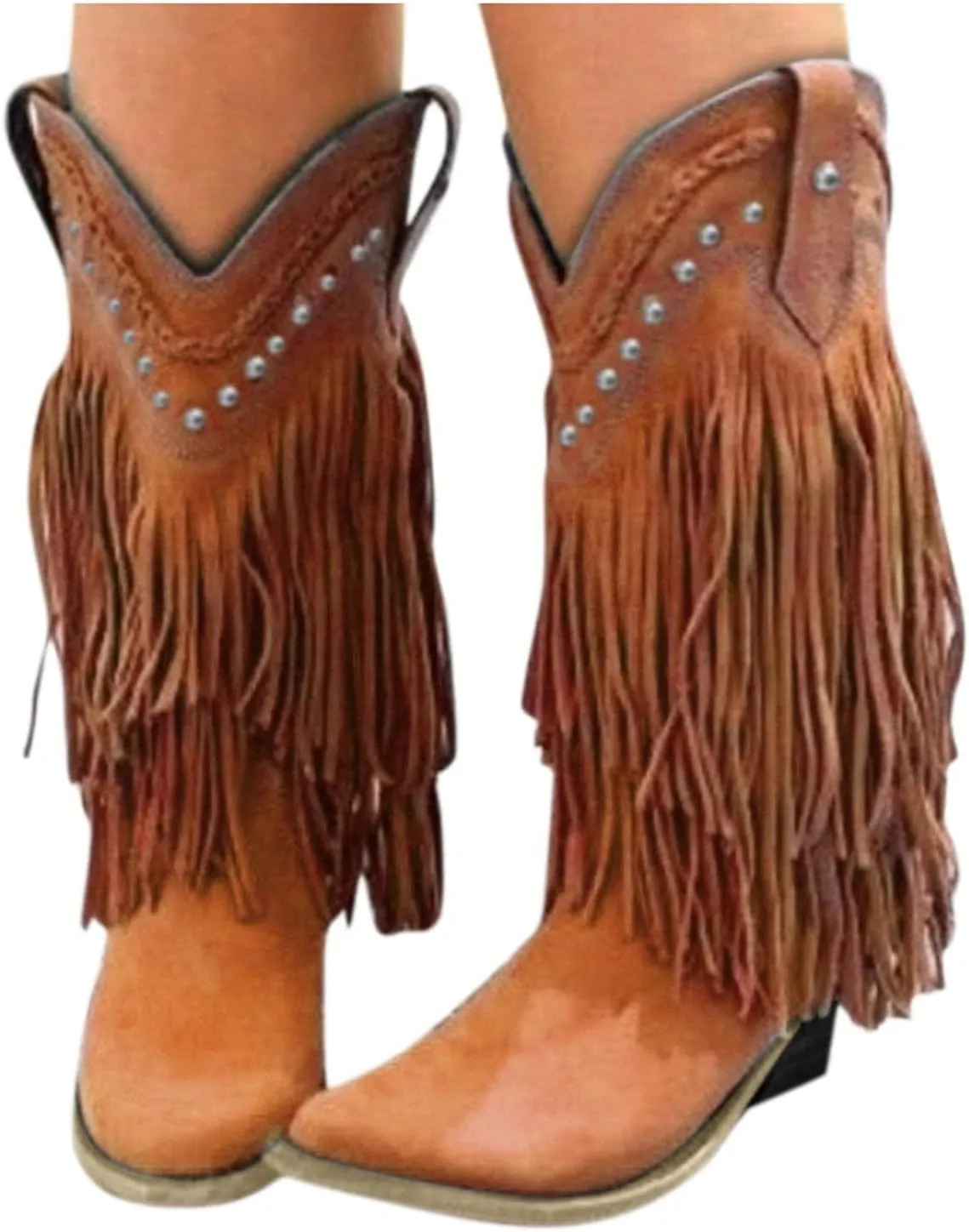 Cowboy Boots for Women,Vintage Tassel Square Toe Mid Heels Western Cowgirls Boots Ethnic Retro Fringe Rivet Slip On Wide Calf Knight Riding Dress Ankle Booties Ladies Cowgirl Boot
