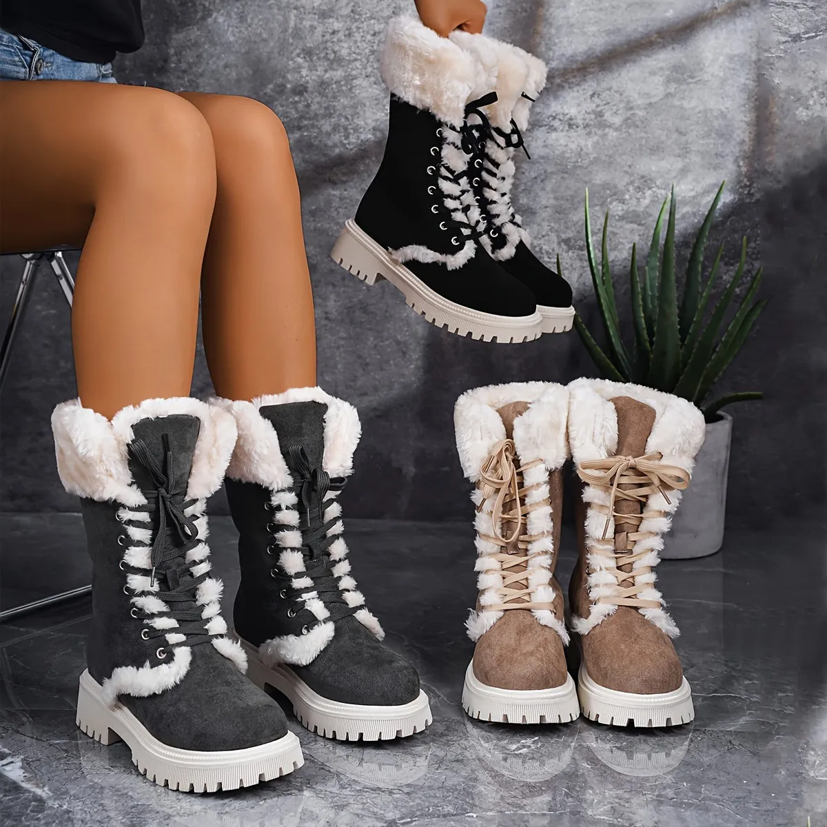 Creamtopmall Warm Lace Up Flat Mid Calf Boots