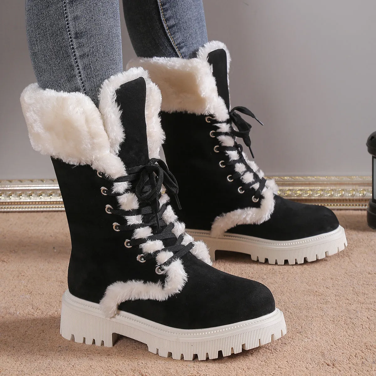 Creamtopmall Warm Lace Up Flat Mid Calf Boots
