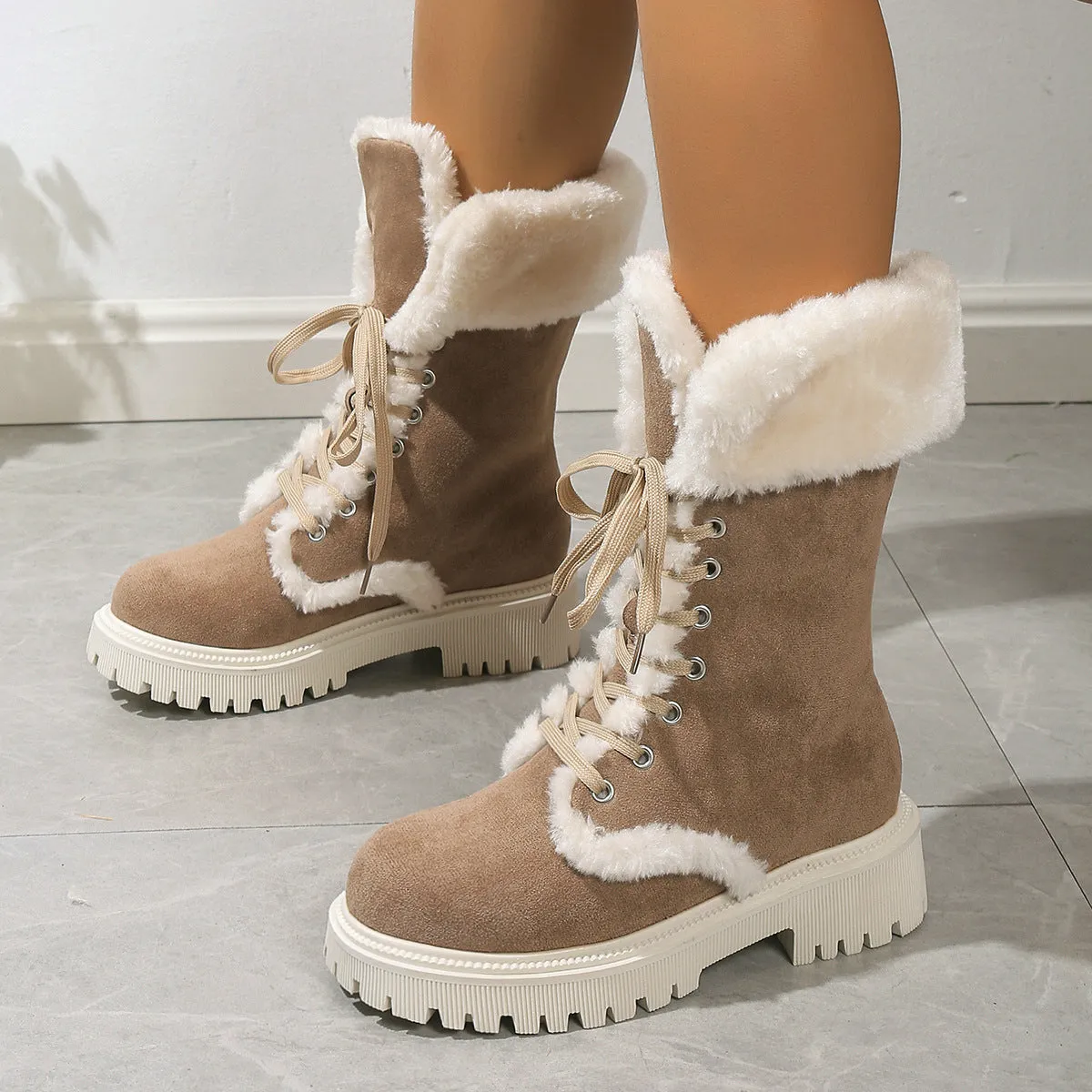 Creamtopmall Warm Lace Up Flat Mid Calf Boots