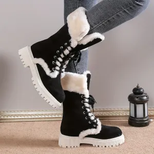 Creamtopmall Warm Lace Up Flat Mid Calf Boots