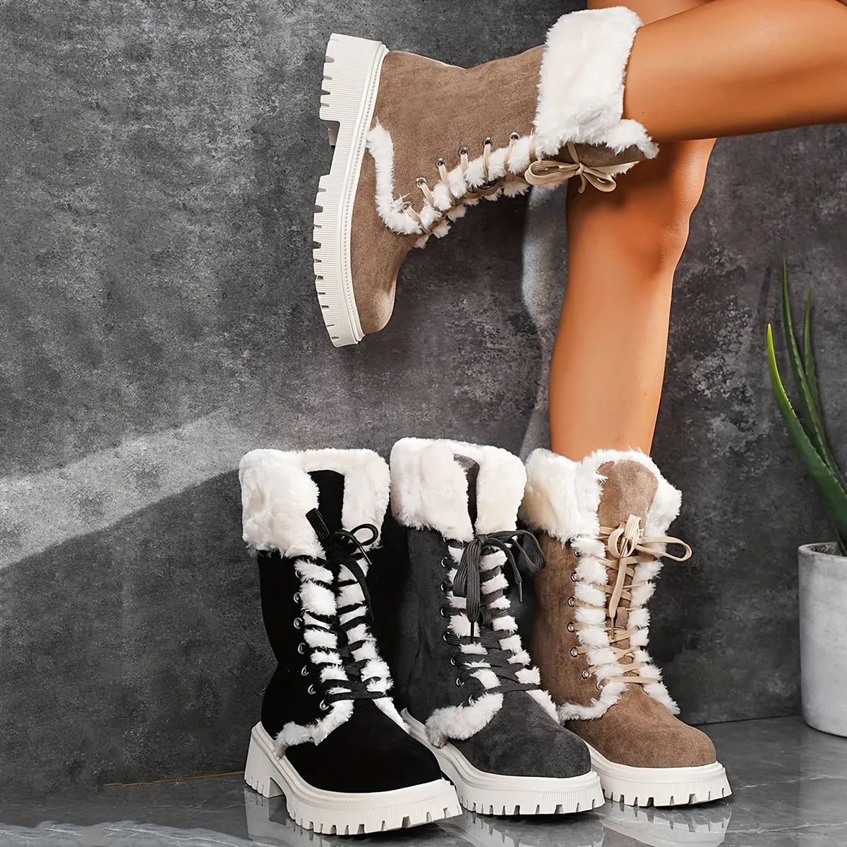 Creamtopmall Warm Lace Up Flat Mid Calf Boots
