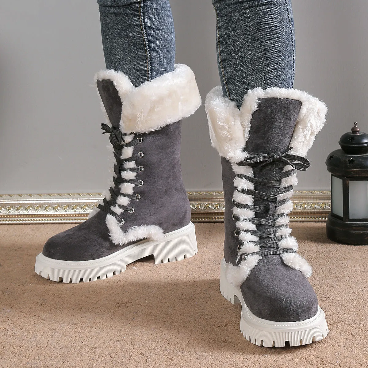Creamtopmall Warm Lace Up Flat Mid Calf Boots