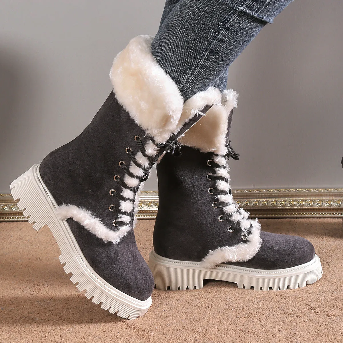 Creamtopmall Warm Lace Up Flat Mid Calf Boots