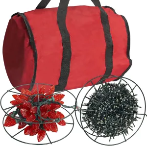 Dazzle Bright Christmas Lights Storage Bags, 3 Metal Reels to Store Holiday Christmas String Lights, Red Tear Proof Oxford Fabric Zip up Bag with Reinforced Handles