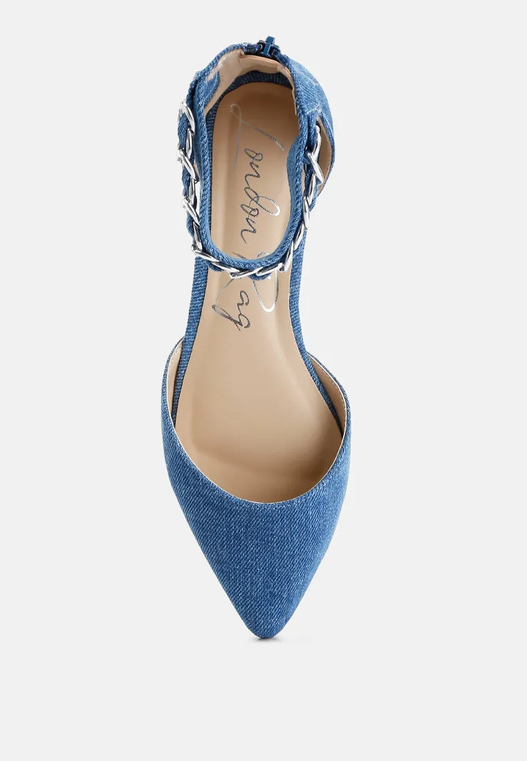 Denim Buqisi Chain Embellished Flat Sandals By Ruw