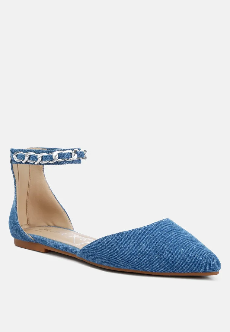 Denim Buqisi Chain Embellished Flat Sandals By Ruw