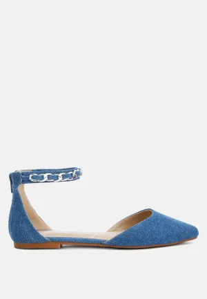 Denim Buqisi Chain Embellished Flat Sandals By Ruw