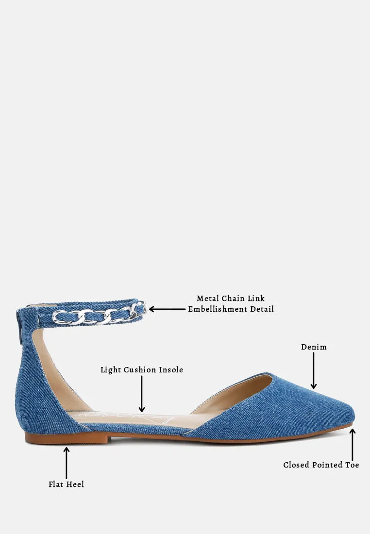 Denim Buqisi Chain Embellished Flat Sandals By Ruw
