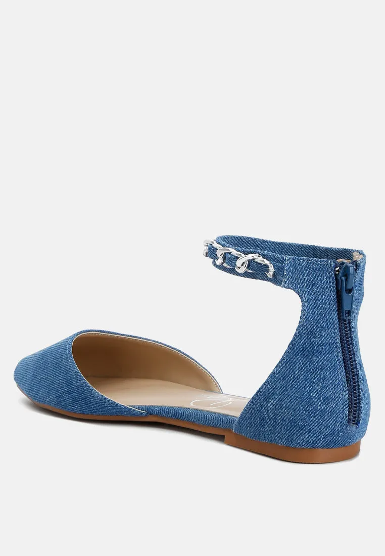 Denim Buqisi Chain Embellished Flat Sandals By Ruw