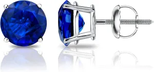 Diamond Wish 18k White Gold Round Blue Sapphire Gemstone Stud Earrings (1 1/4 carat TW) 4-Prong Basket, Screw-Back