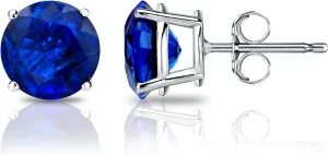 Diamond Wish Platinum Round Blue Sapphire Gemstone Stud Earrings (2 carat TW) 4-Prong Basket, Push-Back