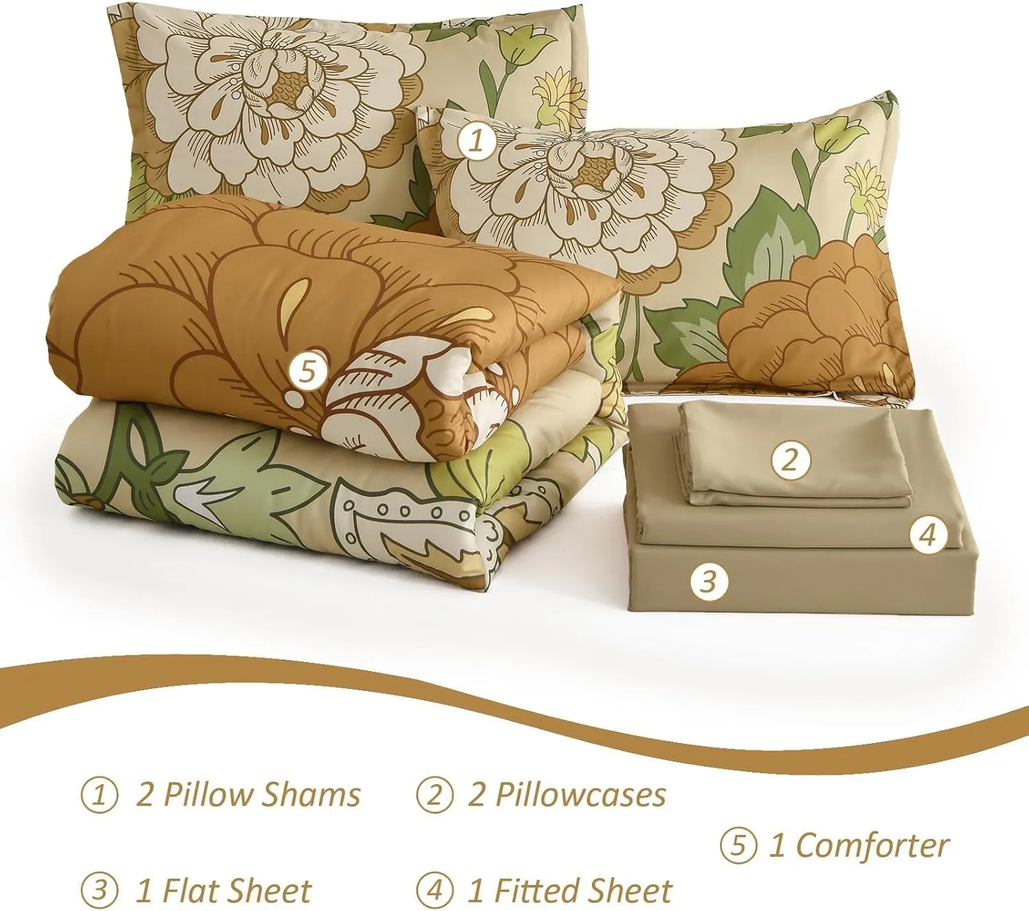 DJY Floral Comforter Set King Size Boho Bed in a Bag 7 Pieces Khaki and Green Flower Bedding Set, Botanical Pattern Microfiber Soft Farmhouse Comforter Set for All Season (104''x90'')
