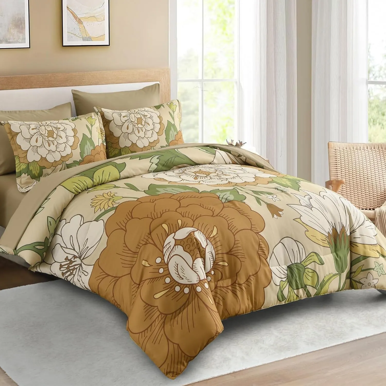 DJY Floral Comforter Set King Size Boho Bed in a Bag 7 Pieces Khaki and Green Flower Bedding Set, Botanical Pattern Microfiber Soft Farmhouse Comforter Set for All Season (104''x90'')