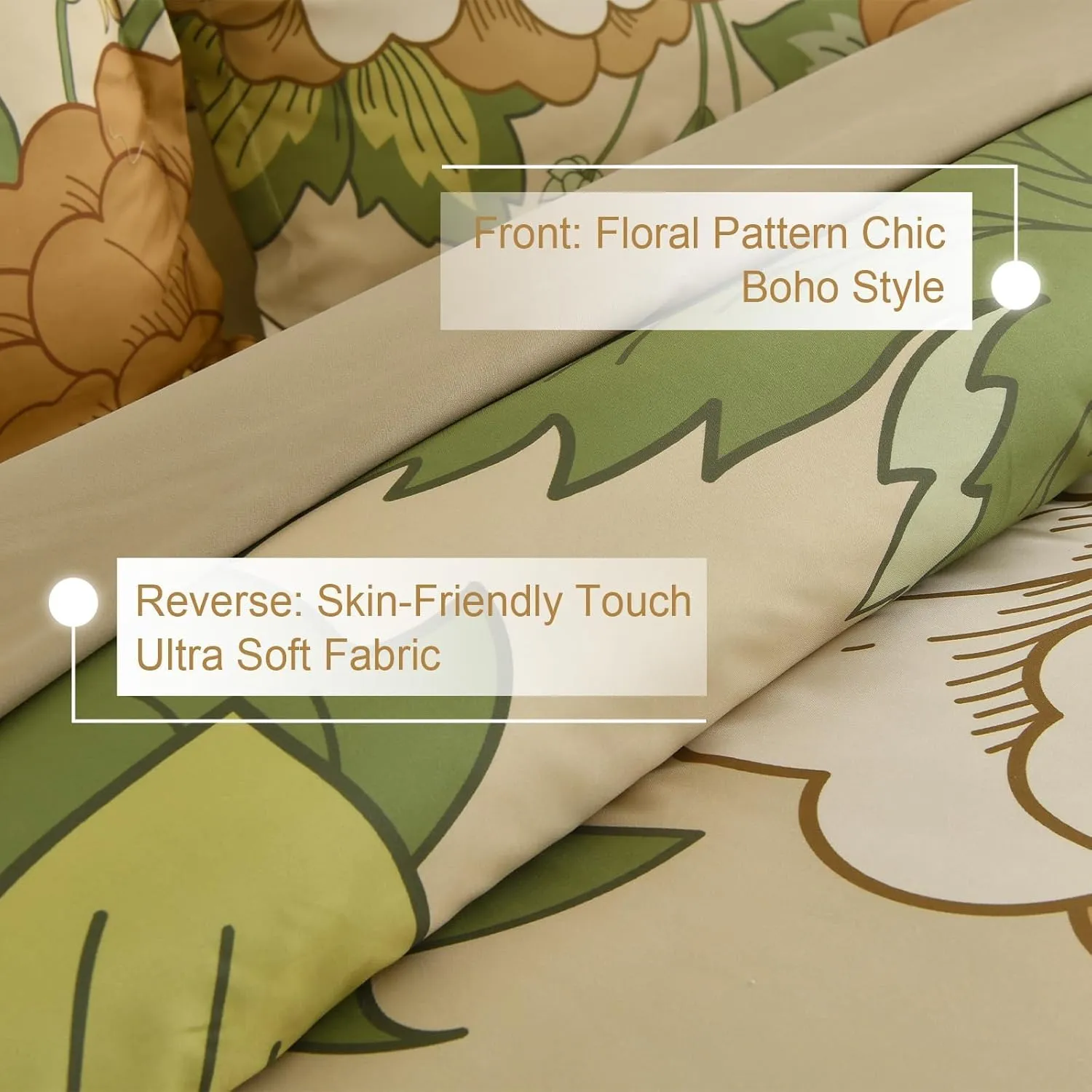 DJY Floral Comforter Set King Size Boho Bed in a Bag 7 Pieces Khaki and Green Flower Bedding Set, Botanical Pattern Microfiber Soft Farmhouse Comforter Set for All Season (104''x90'')