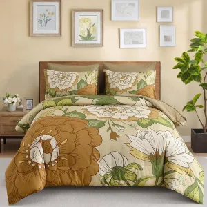 DJY Floral Comforter Set King Size Boho Bed in a Bag 7 Pieces Khaki and Green Flower Bedding Set, Botanical Pattern Microfiber Soft Farmhouse Comforter Set for All Season (104''x90'')