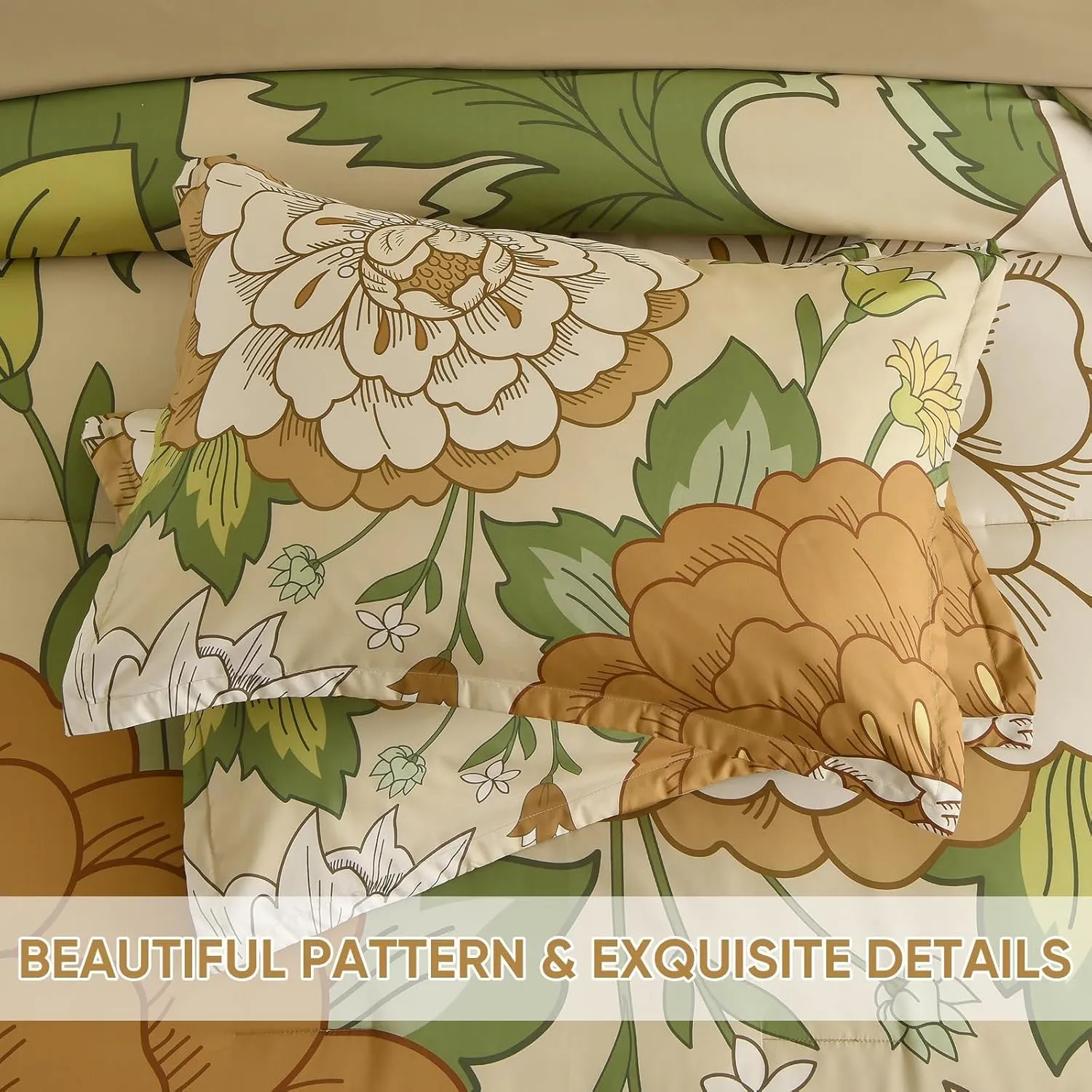 DJY Floral Comforter Set King Size Boho Bed in a Bag 7 Pieces Khaki and Green Flower Bedding Set, Botanical Pattern Microfiber Soft Farmhouse Comforter Set for All Season (104''x90'')