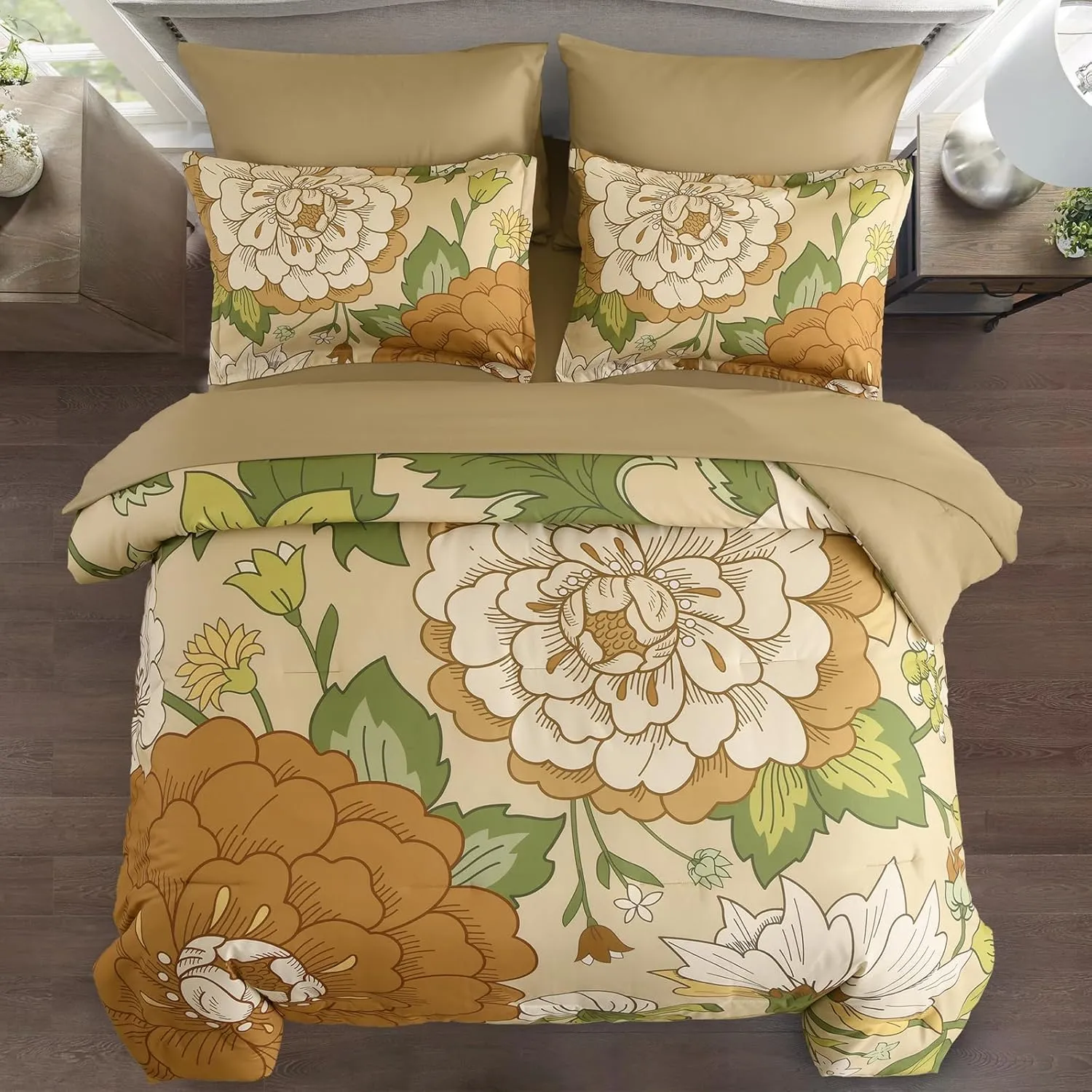 DJY Floral Comforter Set King Size Boho Bed in a Bag 7 Pieces Khaki and Green Flower Bedding Set, Botanical Pattern Microfiber Soft Farmhouse Comforter Set for All Season (104''x90'')