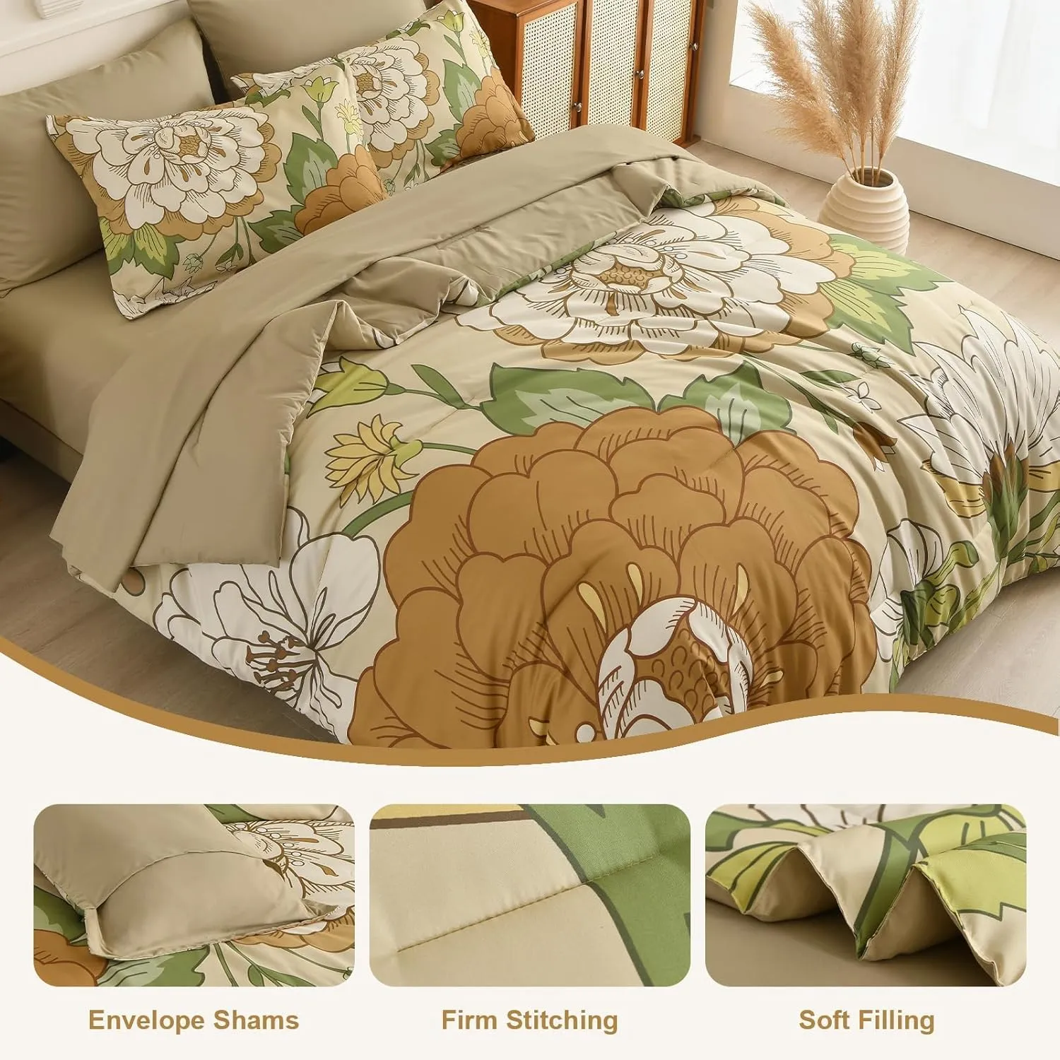 DJY Floral Comforter Set King Size Boho Bed in a Bag 7 Pieces Khaki and Green Flower Bedding Set, Botanical Pattern Microfiber Soft Farmhouse Comforter Set for All Season (104''x90'')