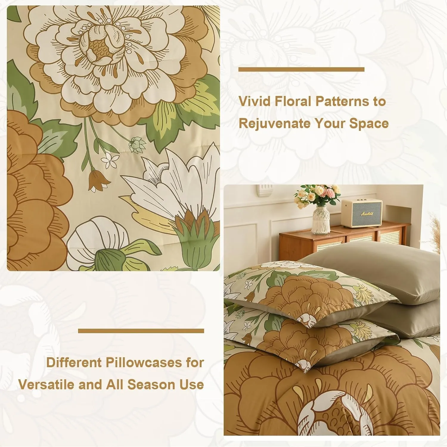 DJY Floral Comforter Set King Size Boho Bed in a Bag 7 Pieces Khaki and Green Flower Bedding Set, Botanical Pattern Microfiber Soft Farmhouse Comforter Set for All Season (104''x90'')