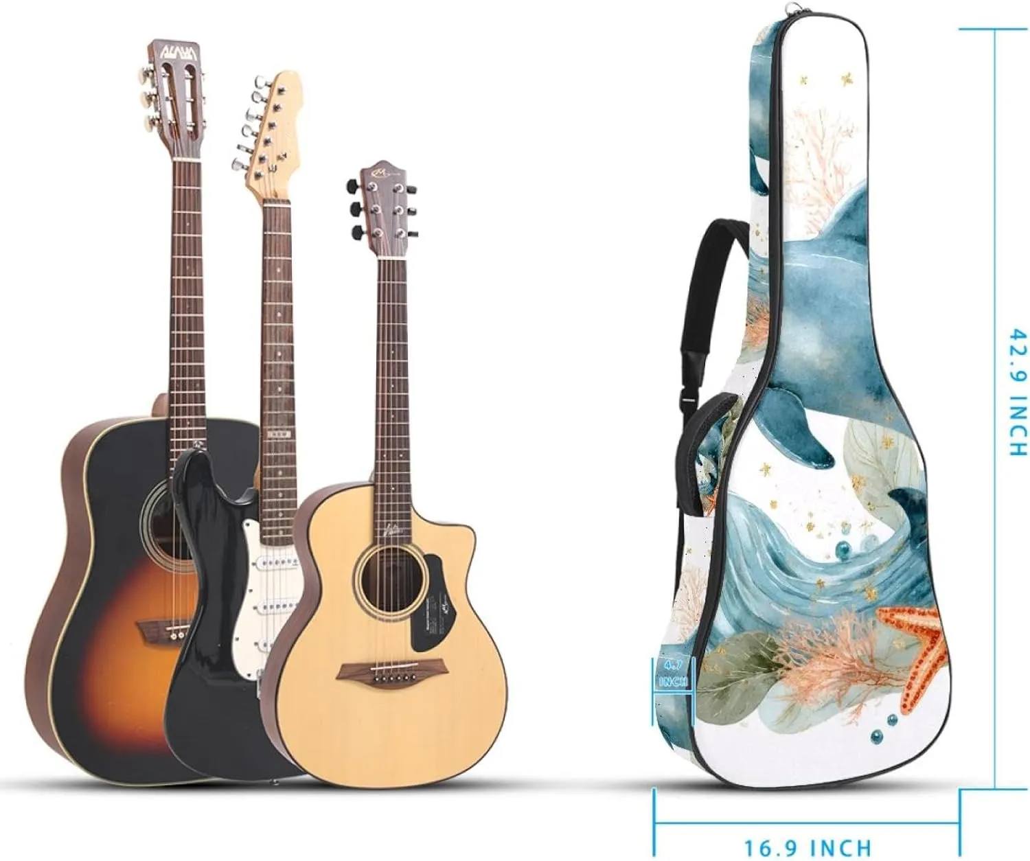 Dolphin Sea Blue Algae with Leaves Bubbles and Starfish Acoustic Guitar Bag, Guitar Case Gig Bag 40 41 42 inch with Dual Adjustable Shoulder Strap and Back Hanger Loop