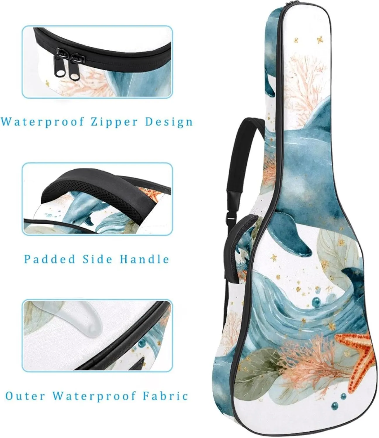 Dolphin Sea Blue Algae with Leaves Bubbles and Starfish Acoustic Guitar Bag, Guitar Case Gig Bag 40 41 42 inch with Dual Adjustable Shoulder Strap and Back Hanger Loop