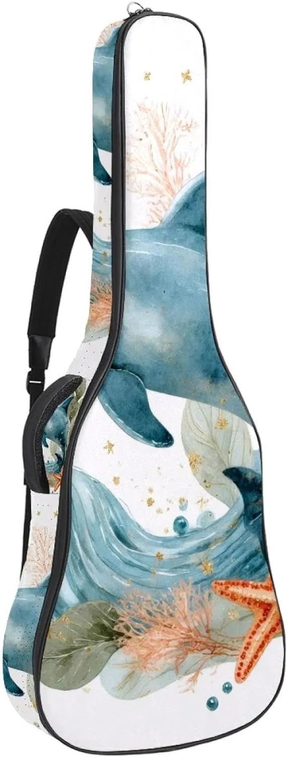 Dolphin Sea Blue Algae with Leaves Bubbles and Starfish Acoustic Guitar Bag, Guitar Case Gig Bag 40 41 42 inch with Dual Adjustable Shoulder Strap and Back Hanger Loop