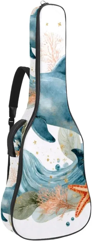 Dolphin Sea Blue Algae with Leaves Bubbles and Starfish Acoustic Guitar Bag, Guitar Case Gig Bag 40 41 42 inch with Dual Adjustable Shoulder Strap and Back Hanger Loop